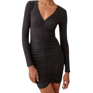 NWT Reformation Cally Organic Cotton‎ Long Sleeve Black Ruched V-Neck LBD Dress